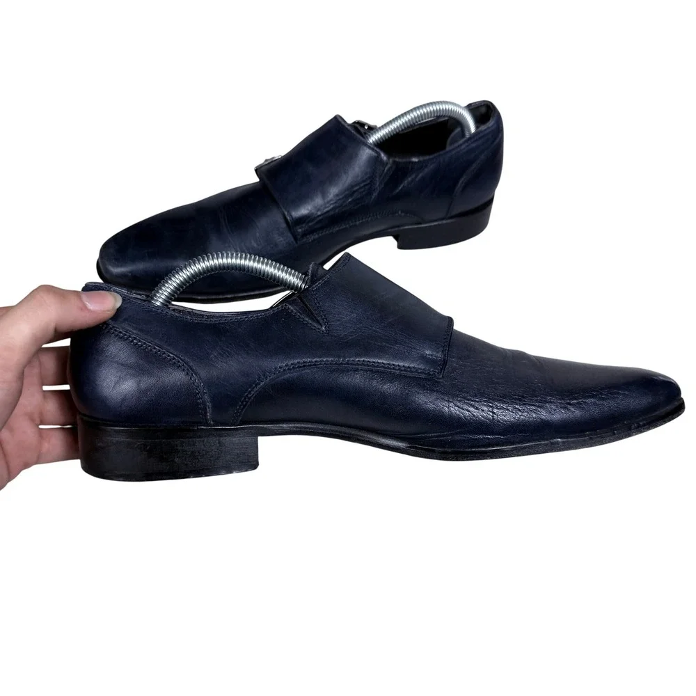 Thompson Double Monk Strap Shoes Mens 42 Navy Blue Leather Blake Italy 6713